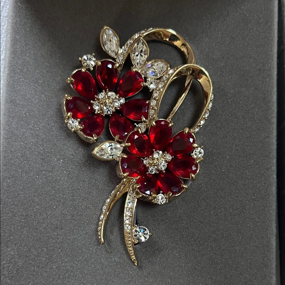 Nolan Miller Ruby Red Gossamer Flower and Gold Floral Brooch - Picture 2 of 7